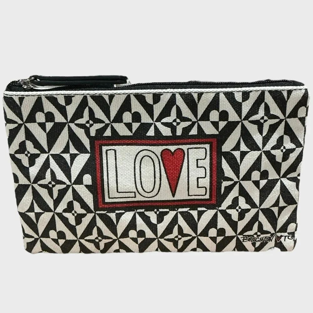 Brighton Love Wristlet Cosmetic Bag Makeup Pouch Black White Hearts